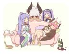  1boy 3girls 7dango7 alcohol armlet asterios_(fate/grand_order) aunt_and_niece black_sclera blue_hair blush boots bottle bracelet brown_wings caster caster_lily circe_(fate/grand_order) dress drunk euryale fate/grand_order fate/hollow_ataraxia fate/stay_night fate_(series) feathered_wings frilled_hairband frills gloves hairband head_wings headdress headpiece highres holding holding_bottle horns jewelry lolita_hairband long_hair magical_girl mismatched_gloves mismatched_legwear multiple_girls pointy_ears ponytail purple_hair red_eyes sake sake_bottle strapless strapless_dress thigh-highs thigh_boots thighlet white_dress white_hair winged_hair_ornament wings 