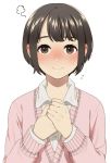  1girl black_hair blush brown_eyes brown_hair cardigan ear_blush flying_sweatdrops hands_clasped looking_at_viewer mattaku_mousuke original own_hands_together short_hair solo sweat upper_body white_background 