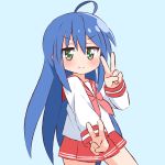  &gt;:) 1girl absurdres bangs blue_background blue_hair blush closed_mouth commentary_request double_v eyebrows_visible_through_hair green_eyes hair_between_eyes hana_kazari hand_up highres izumi_konata long_hair long_sleeves looking_at_viewer lucky_star neckerchief outstretched_arm pink_neckwear pleated_skirt red_sailor_collar red_skirt ryouou_school_uniform sailor_collar school_uniform serafuku shirt simple_background skirt smile solo v very_long_hair white_shirt 