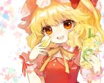  1girl blonde_hair cup disposable_cup drinking_straw flandre_scarlet food fruit hands_up hat highres holding holding_cup holding_food lemon lemon_slice looking_at_viewer macaron medium_hair mob_cap open_mouth red_eyes red_vest shirt short_sleeves shoudoku_taishi_(taishi) side_ponytail smile solo star starry_background touhou upper_body vest white_shirt wrist_cuffs yellow_neckwear 