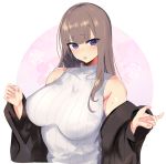  1girl absurdres bare_shoulders blush breasts covered_nipples fafas68 highres long_hair looking_at_viewer off_shoulder open_mouth original solo sweat sweater turtleneck turtleneck_sweater violet_eyes 