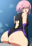  1girl arched_back ass ass_focus back_cutout bangs bare_shoulders black_legwear black_leotard blush breasts commentary_request elbow_gloves fate/grand_order fate_(series) from_behind gloves hair_over_one_eye hera_(hara0742) highres large_breasts lavender_hair leotard looking_at_viewer looking_back mash_kyrielight open_mouth parted_bangs shiny shiny_skin short_hair simple_background smile solo steaming_body thigh_strap tongue violet_eyes 