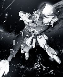  beam_rifle char&#039;s_counterattack debris earth energy_gun firing greyscale gundam highres mecha monochrome no_humans re-gz space weapon yoshinaga_yunosuke 