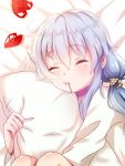  1girl :t artist_name bed beyblade beyblade:_burst blue_hair blush chankyone character_name closed_eyes heart hug knees_to_chest long_hair nishiro_nya pillow pillow_grab pillow_hug shirt short_twintails simple_background sleeping twintails white_shirt 