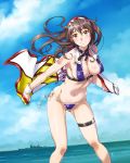  1girl ashigara_(kantai_collection) ass_visible_through_thighs bikini blush breasts brown_eyes brown_hair closed_mouth clouds commentary_request covered_nipples day dutch_angle eyebrows_visible_through_hair hair_between_eyes hairband head_tilt kantai_collection large_breasts long_hair looking_at_viewer navel outdoors purple_bikini sameha_ikuya ship sky smile solo standing swimsuit thigh_strap watercraft 