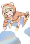  1girl :3 animal_costume animal_ears bear_costume bear_ears blue_eyes boots from_above green_eyes hood hood_up looking_at_viewer mattaku_mousuke open_mouth original pointing puddle raincoat rubber_boots solo umbrella white_background 