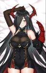  1girl azur_lane bare_shoulders black_dress black_hair breasts dakimakura dress friedrich_der_grosse_(azur_lane) gloves hair_over_one_eye large_breasts long_hair looking_at_viewer mechanical_horns red_gloves red_horns see-through skin_tight skindentation sleeveless sleeveless_dress solo very_long_hair yellow_eyes zui_ai_shuang_mawei 