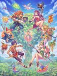  3boys 3girls abs absurdres anbe_yoshirou angela_(seiken_densetsu_3) charlotte_(seiken_densetsu_3) dagger dark_skin dryad_(seiken_densetsu) dual_wielding duran_(seiken_densetsu_3) everyone faerie_(seiken_densetsu_3) gnome_(seiken_densetsu) hat hawkeye_(seiken_densetsu_3) highres holding jinn_(seiken_densetsu) kevin_(seiken_densetsu_3) luna_(seiken_densetsu) midair multiple_boys multiple_girls muscle polearm riesz salamander_(seiken_densetsu) seiken_densetsu seiken_densetsu_3 shade_(seiken_densetsu) shield spear sword tree undine_(seiken_densetsu) weapon will-o&#039;-wisp_(seiken_densetsu) 