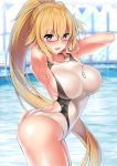  1girl bangs bare_shoulders blue_eyes blush breasts collarbone fate/grand_order fate_(series) highres jeanne_d&#039;arc_(fate)_(all) jeanne_d&#039;arc_(swimsuit_archer) kawai large_breasts long_hair looking_at_viewer one-piece_swimsuit open_mouth ponytail smile solo swimsuit white_swimsuit 