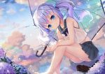  1girl bangs bare_shoulders barefoot black_sailor_collar black_skirt blue_eyes blue_hair blush bow closed_eyes clouds cloudy_sky clud commentary_request eyebrows_visible_through_hair flower gochuumon_wa_usagi_desu_ka? hair_flower hair_ornament holding holding_umbrella hydrangea kafuu_chino loafers long_hair looking_at_viewer miniskirt outdoors pleated_skirt rain sailor_collar school_uniform see-through serafuku shirt shoes shoes_removed sitting skirt sky smile solo taku_michi transparent transparent_umbrella twintails umbrella water wet wet_clothes wet_shirt white_shirt x_hair_ornament 