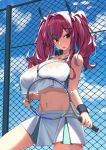  1girl azur_lane bangs bare_shoulders bow breast_press breasts bremerton_(azur_lane) bremerton_(scorching-hot_training)_(azur_lane) chain-link_fence clouds colored_eyelashes commentary cowboy_shot crop_top day fence grey_hair hair_between_eyes hair_bow hair_ornament hairclip heart heart_necklace holding_racket kylin large_breasts long_hair looking_at_viewer mole mole_under_eye multicolored_hair navel_piercing open_mouth piercing pink_eyes pink_hair pleated_skirt racket shirt skirt sleeveless sleeveless_shirt sportswear standing streaked_hair tennis_racket tennis_uniform thighs twintails two-tone_hair two-tone_shirt two-tone_skirt wet wet_clothes x_hair_ornament 