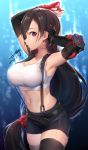  1girl breasts brown_hair earrings final_fantasy final_fantasy_vii highres jewelry large_breasts long_hair low-tied_long_hair midriff navel red_eyes skirt solo suspender_skirt suspenders tank_top thigh-highs tifa_lockhart xiaoyu 