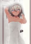  1girl aqua_eyes armpits arms_up bare_arms blush breasts dark_skin grey_hair hair_down highres looking_at_viewer naked_towel open_door pokemon pokemon_(game) pokemon_swsh putchers saitou_(pokemon) seductive_smile short_hair smile solo steam towel 