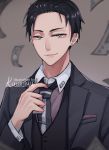  1boy adjusting_clothes adjusting_necktie artist_name black_hair black_neckwear black_vest brown_background dollar_bill earrings formal fugou_keiji_balance:unlimited grey_eyes hand_up jewelry kanbe_daisuke kuurimu long_sleeves looking_at_viewer male_focus necktie simple_background smile solo stud_earrings suit upper_body vest 