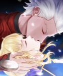  1boy 1girl antatika archer artoria_pendragon_(all) blonde_hair chinese_commentary closed_eyes coat fate/stay_night fate_(series) from_side hetero highres kiss petals profile red_coat saber short_hair tan white_hair 