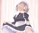  1girl apron azur_lane black_dress blush braid breasts cross dress eyebrows_visible_through_hair frills hair_ornament hair_over_one_eye hair_ribbon highres large_breasts lifted_by_self long_sleeves maid maid_apron maid_dress maid_headdress no_panties olive_(laai) ribbon sheffield_(azur_lane) short_hair solo yellow_eyes 