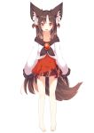  1girl animal_ear_fluff animal_ears bangs barefoot black_neckwear blush brown_hair collarbone commentary_request daidai_ookami dress eyebrows_visible_through_hair frilled_sleeves frills full_body highres imaizumi_kagerou jacket long_hair long_sleeves looking_at_viewer open_mouth parted_bangs red_dress red_eyes simple_background sleeveless sleeveless_dress sleeves_past_fingers sleeves_past_wrists solo standing tail touhou very_long_hair white_background white_jacket wolf_ears wolf_girl wolf_tail 