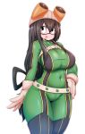  1girl absurdres asui_tsuyu black_eyes black_hair black_legwear blush bodysuit boku_no_hero_academia breasts closed_mouth collarbone covered_navel eyebrows_visible_through_hair gloves goggles goggles_on_head green_bodysuit hair_rings hand_on_hip highres impossible_bodysuit impossible_clothes large_breasts long_hair looking_up low-tied_long_hair simple_background solo standing tailzkim tongue tongue_out very_long_hair white_background white_gloves 