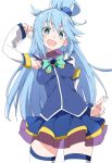  1girl :d aqua_(konosuba) bangs blue_eyes blue_hair blue_skirt breasts detached_sleeves eyebrows_visible_through_hair hair_rings hand_up ixy kono_subarashii_sekai_ni_shukufuku_wo! long_hair looking_at_viewer medium_breasts open_mouth simple_background skirt smile solo thigh-highs white_background white_legwear zettai_ryouiki 