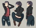  ass back belt black_jacket boots brown_footwear closed_mouth denim from_behind hairband highres holding_arm jacket jeans jewelry looking_at_viewer necklace on_floor pants purple_hair re:creators red_shirt shirt shirt_tucked_in short_hair simple_background suruga_shunma thwwshark torn_clothes torn_jeans torn_legwear torn_pants 