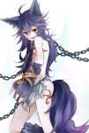  1girl ahoge animal_ears bare_shoulders blue_hair chain fang fenrir_(shingeki_no_bahamut) granblue_fantasy kinui_(mukuxxx) lock long_hair looking_at_viewer paws red_eyes tail thighs white_background wolf_ears wolf_girl wolf_tail 