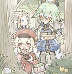  1boy 2girls ahoge albedo_(genshin_impact) animal animal_ears aqua_hair bangs berry blonde_hair blue_eyes brown_gloves bush closed_mouth clover day dress feathers flower forest four-leaf_clover genshin_impact glasses gloves green_hair grey_hair hat hat_feather highres insect_cage klee_(genshin_impact) lizard long_hair long_sleeves low_twintails multicolored_hair multiple_girls nature open_mouth outdoors red_dress red_eyes rock shionosuke standing streaked_hair sucrose_(genshin_impact) thigh-highs tree twintails white_gloves yellow_eyes 