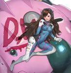 1girl animal_print bodysuit breasts brown_eyes brown_hair bunny_print commentary d.va_(overwatch) facial_mark gloves highres hood_(james_x) long_hair looking_at_viewer overwatch pilot_suit skin_tight smile solo teeth whisker_markings white_gloves 
