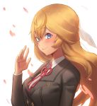  1girl blonde_hair breasts closed_mouth hood_(james_x) long_hair looking_at_viewer school_uniform simple_background smile solo white_background 