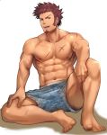  1boy abs arm_on_knee bara barefoot beard blue_eyes brown_hair chest f-una facial_hair fate/grand_order fate_(series) floral_print full_body hand_on_thigh looking_at_viewer male_focus male_swimwear muscle napoleon_bonaparte_(fate/grand_order) navel open_mouth pectorals scar shirtless sideburns sitting smile solo swim_trunks swimwear thighs white_background 