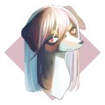  1girl animal_ears bangs closed_mouth commentary_request dog_ears face furry hair_between_eyes highres long_hair mayumochini no_humans orange_eyes original pink_hair sideways_mouth simple_background solo two-tone_background white_background 