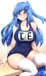  1girl arm_support bangs bare_arms bare_shoulders blue_eyes blue_hair blue_theme blush breasts collarbone curvy eyebrows_visible_through_hair half-closed_eyes highres hinghoi internet_explorer internet_explorer_(merryweather) internet_explorer_(webcomic) large_breasts long_hair looking_at_viewer one-piece_swimsuit one_side_up original personification pool school_swimsuit shiny shiny_hair shiny_skin sitting smile soaking_feet solo swimsuit thigh-highs thighs water white_background white_legwear zettai_ryouiki 
