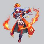  1girl adapted_costume ane-suisei bicorne black_footwear blue_eyes blue_hair book boots breasts closed_mouth coat commentary dress fire fire_emblem fire_emblem:_the_binding_blade floating_hair full_body garter_straps gloves grey_background hat highres holding holding_book lilina_(fire_emblem) long_hair looking_at_viewer magic open_clothes open_coat outstretched_arm outstretched_hand red_coat red_gloves red_headwear red_legwear short_dress simple_background small_breasts smile solo standing standing_on_one_leg thigh-highs twitter_username white_dress zettai_ryouiki 