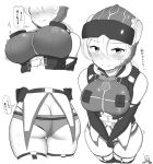  1boy 1girl alien ass blush breasts butt_crack covering covering_crotch earth_defense_force elbow_gloves embarrassed gloves helmet large_breasts maku_ro short_shorts shorts thick_thighs thigh-highs thighs translated white_background wing_diver 