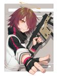  1girl arknights black_gloves blush brown_eyes closed_mouth exusiai_(arknights) eyebrows_visible_through_hair fingerless_gloves gloves gun hair_over_one_eye halo highres holding holding_gun holding_weapon looking_at_viewer redhead reiji-rj short_hair smile solo v weapon 