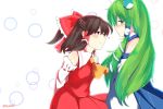  2girls arms_behind_back bare_shoulders blue_eyes blue_skirt blush breasts brown_hair detached_sleeves eyebrows_visible_through_hair frog_hair_ornament green_hair hair_bow hair_tubes hakurei_reimu heart kochiya_sanae long_hair looking_at_another looking_to_the_side miko mokutan_(link_machine) nontraditional_miko red_dress red_eyes red_skirt short_hair snake_hair_ornament touhou white_vest 