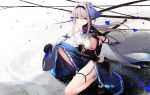  1girl abstract_background ahoge animal_ears arm_on_knee azur_lane bangs black_gloves black_hairband blue_choker blue_skirt breasts choker closed_mouth commentary_request detached_sleeves eyebrows_visible_through_hair fox_ears fox_mask full_body garter_straps gloves grey_eyes hair_between_eyes hairband highres hinaname holding holding_sword holding_weapon japanese_clothes katana kimono large_breasts long_hair looking_at_viewer mask mask_on_head no_tail one_knee sakuramon sheath sheathed side_slit sideboob sidelocks single_bare_shoulder single_glove skirt sleeveless sleeveless_kimono solo sword tabi thigh_strap tosa_(azur_lane) weapon white_background white_kimono white_legwear white_sleeves wide_sleeves 