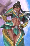  1girl :d abs absurdres armor armored_boots bangs bikini black_hair blue_sky blurry blurry_background blush boots breasts character_request cherry_blossoms commentary cowboy_shot crop_top dark_skin day eyebrows_visible_through_hair faulds floating_hair from_below gauntlets green_armor green_eyes green_footwear hair_between_eyes high_ponytail highres long_hair looking_to_the_side medium_breasts midriff monster_hunter_(series) monster_hunter_rise navel open_mouth shoulder_armor sidelocks sky smile solo standing swimsuit teeth toin_(koto54576897) tree upper_teeth white_bikini 