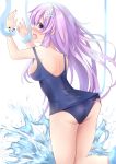  1girl absurdres arms_up ass blue_swimsuit blush bound breasts commentary_request d-pad d-pad_hair_ornament dogoo eyebrows_visible_through_hair hair_between_eyes hair_ornament highres long_hair looking_at_viewer looking_back medium_breasts naoya_(naoya_ee) nepgear neptune_(series) old_school_swimsuit open_mouth purple_hair school_swimsuit simple_background solo splashing swimsuit swimsuit_pull violet_eyes white_background 