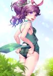  1girl adjusting_clothes adjusting_swimsuit animal_ears ass blue_swimsuit blush breasts bunny_girl bunny_tail fir_(fire_emblem) fire_emblem fire_emblem_heroes from_behind harihisa highres legs_together long_hair looking_at_viewer looking_back one-piece_swimsuit open_mouth outdoors purple_hair rabbit_ears shiny shiny_hair shiny_skin solo standing swimsuit tail violet_eyes 