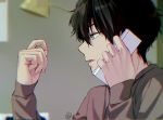  1boy artist_logo black_hair blurry brown_sweater cellphone depth_of_field green_eyes hyouka indoors lamp male_focus mery_(apfl0515) messy_hair oreki_houtarou phone profile solo sweater upper_body 