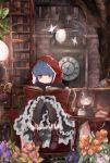  1girl absurdres alternate_costume blue_hair book clock commentary dress english_commentary flower frilled_dress frills highres hood hood_up indoors lantern leadin_the_sky nail_polish pantyhose reading shima_rin short_hair sitting solo violet_eyes yurucamp 