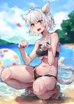  1girl absurdres animal_ears ball beachball breasts cat_ears cat_tail curly_hair fang feet full_body heart highres hunter_x_hunter medium_breasts mr.lime navel neferpitou ocean open_mouth red_eyes short_hair sky slit_pupils solo swimsuit tail under_boob wavy_mouth white_hair 