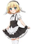  1girl animal_ears apron bangs black_hairband black_skirt blonde_hair blush center_frills collared_shirt eyebrows_visible_through_hair fake_animal_ears fleur_de_lapin_uniform floppy_ears frilled_apron frilled_hairband frilled_skirt frills gochuumon_wa_usagi_desu_ka? green_eyes hairband highres kirima_sharo looking_at_viewer parted_lips pleated_skirt puffy_short_sleeves puffy_sleeves rabbit_ears shirt short_sleeves simple_background skirt skirt_hold solo thigh-highs trg-_(sain) uniform waist_apron waitress white_apron white_background white_legwear white_shirt wrist_cuffs 