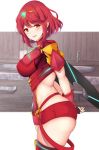  1girl arms_behind_back ass bangs blush breasts earrings fingerless_gloves gem gloves hair_ornament headpiece highres pyra_(xenoblade) jewelry large_breasts looking_at_viewer noeomi red_eyes redhead short_hair short_shorts shorts sideboob skindentation smile swept_bangs thick_thighs thigh-highs thighs tiara xenoblade_(series) xenoblade_2 