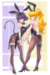  2girls animal_ears arm_garter black_hair black_leotard blake_belladonna blonde_hair bow bowtie breasts bunny_girl bunny_tail bunnysuit cat_ears cat_tail coattails covered_navel detached_collar fake_animal_ears fake_tail fishnet_legwear fishnets full_body high_heels highres iesupa leotard long_hair multiple_ears multiple_girls pantyhose ponytail prosthesis prosthetic_arm rabbit_ears rwby single_garter strapless strapless_leotard tail violet_eyes wrist_cuffs yang_xiao_long yellow_eyes 