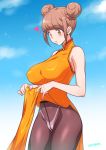  1girl artist_name bangs bare_arms bare_shoulders blue_sky blunt_bangs blush breasts brown_eyes brown_hair brown_legwear china_dress chinese_clothes clouds commentary_request cowboy_shot crotch_seam day double_bun dress dress_lift eyebrows_visible_through_hair healin&#039;_good_precure highleg highleg_panties hiramitsu_hinata joy_ride large_breasts lifted_by_self looking_away looking_down orange_dress outdoors panties panties_under_pantyhose pantyhose parted_lips pelvic_curtain precure short_hair sidelocks sky sleeveless sleeveless_dress solo sparkle underwear white_panties 
