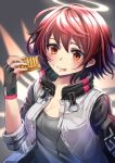  1girl :p arknights bangs black_gloves blush brown_eyes commentary_request exusiai_(arknights) fingerless_gloves food gloves grey_background grey_shirt halo hand_up highres holding holding_food jacket looking_at_viewer open_clothes open_jacket partial_commentary raglan_sleeves redhead shirt short_hair solo tongue tongue_out upper_body ushishi_(hakka_gahou) white_jacket 