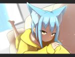  1girl absurdres animal_ear_fluff animal_ears bangs barefoot blue_hair blurry blurry_background blush brown_eyes closed_mouth commentary_request couch curtains depth_of_field drawstring eyebrows_visible_through_hair highres hood hood_down hoodie idaten93 indoors leg_up letterboxed long_sleeves looking_at_viewer lying on_couch on_stomach original sleeves_past_wrists solo window yellow_hoodie 