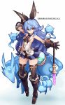  1girl animal_ears arm_up armpits ass_visible_through_thighs backless_outfit bangs blue_hair blue_skirt breasts brown_footwear brown_gloves brown_legwear closed_mouth earrings erune eyebrows_visible_through_hair ferry_(granblue_fantasy) full_body ghost gloves granblue_fantasy hair_between_eyes highres jewelry karukan_(monjya) long_hair looking_at_viewer rabbit_ears round-bottom_flask sideboob simple_background single_earring skirt sleeveless small_breasts solo thigh-highs very_long_hair wavy_hair whip 
