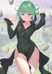  1girl absurdres arm_up bangs black_dress breasts collarbone commentary_request covered_navel cowboy_shot debris dress green_eyes green_hair groin hand_up high_collar highres looking_at_viewer one-punch_man pelvic_curtain short_hair side_slit small_breasts solo tatsumaki thighs translation_request v-shaped_eyebrows xiumu_bianzhou 